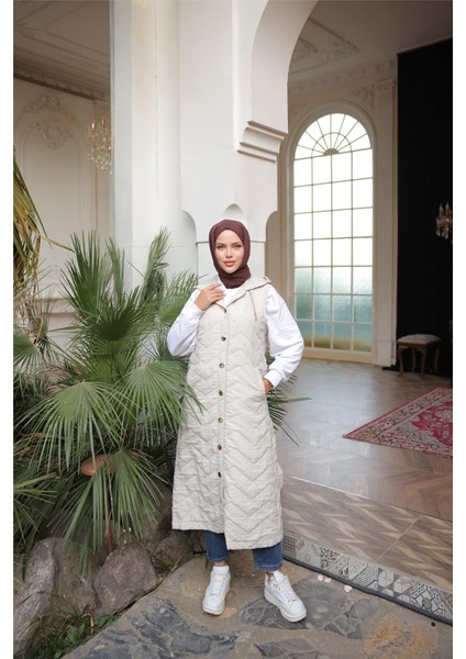 Kapşonlu Çıtçıtlı Kolsuz Cepli Kapitone Uzun Yelek - (38-46) - 71310 - Bej