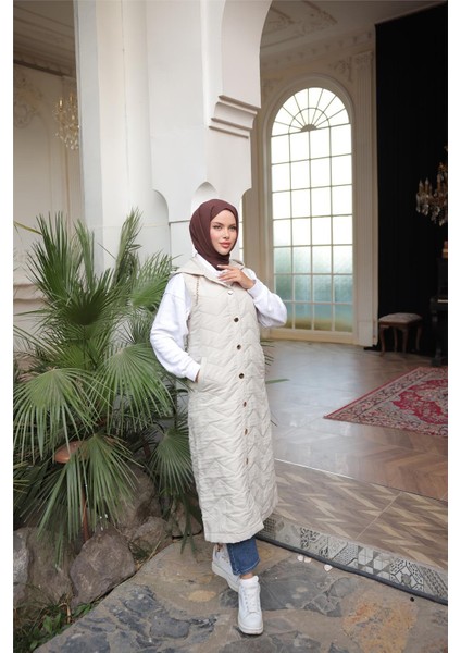 Kapşonlu Çıtçıtlı Kolsuz Cepli Kapitone Uzun Yelek - (38-46) - 71310 - Bej modelleri