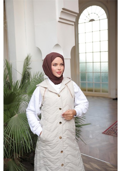 Kapşonlu Çıtçıtlı Kolsuz Cepli Kapitone Uzun Yelek - (38-46) - 71310 - Bej fırsatları