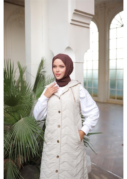 Kapşonlu Çıtçıtlı Kolsuz Cepli Kapitone Uzun Yelek - (38-46) - 71310 - Bej indirimleri