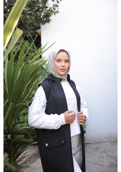 Kapşonlu Fermuarlı Cepli Kolsuz Önden Cepli Kapitone Uzun Yelek - (38-46) - 71309 - Siyah modelleri