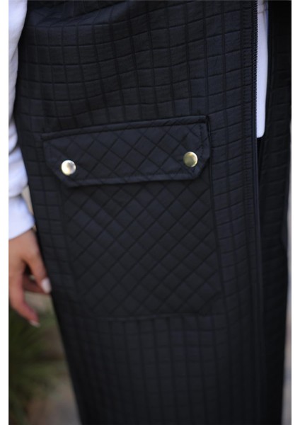 Kapşonlu Fermuarlı Cepli Kolsuz Önden Cepli Kapitone Uzun Yelek - (38-46) - 71309 - Siyah indirimleri