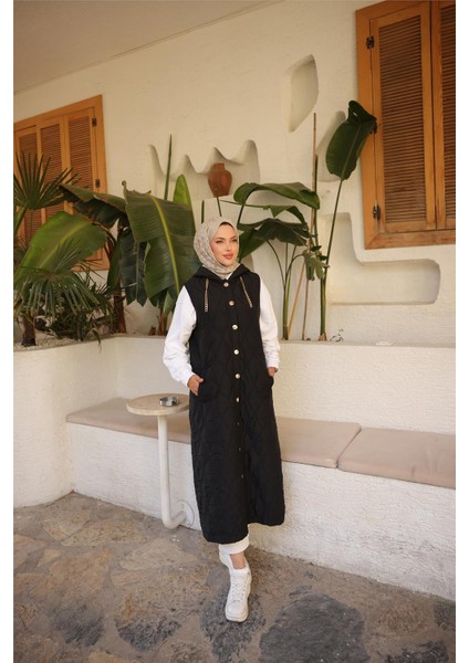 Kapşonlu Çıtçıtlı Kolsuz Cepli Uzun Kapitone Yelek - (38-46) - 71306 - Siyah