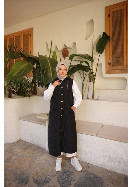 Kapşonlu Çıtçıtlı Kolsuz Cepli Uzun Kapitone Yelek - (38-46) - 71306 - Siyah fiyatları