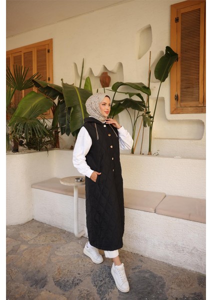 Kapşonlu Çıtçıtlı Kolsuz Cepli Uzun Kapitone Yelek - (38-46) - 71306 - Siyah modelleri