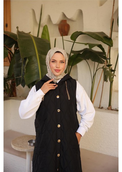 Kapşonlu Çıtçıtlı Kolsuz Cepli Uzun Kapitone Yelek - (38-46) - 71306 - Siyah fırsatları