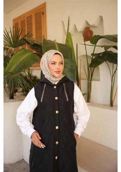 Kapşonlu Çıtçıtlı Kolsuz Cepli Uzun Kapitone Yelek - (38-46) - 71306 - Siyah indirimleri