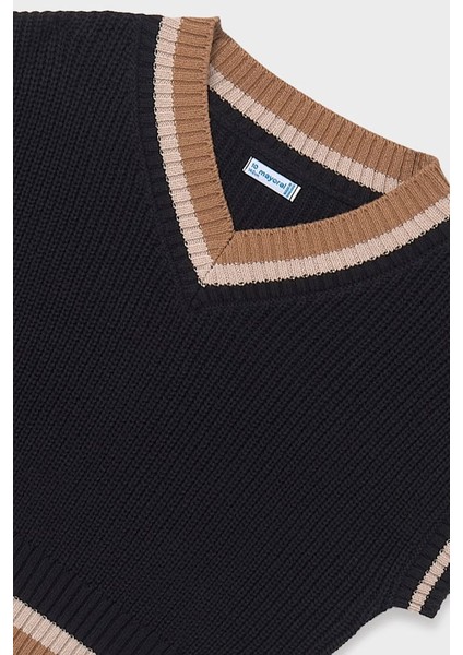 Kız Çocuk V Yaka Kontrast Şeritli Triko Süveter - Siyah modelleri
