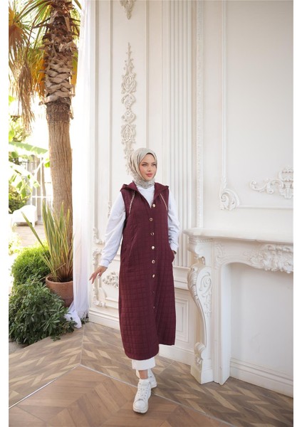 Kapşonlu Çıtçıtlı Kolsuz Cepli Uzun Kapitone Yelek - (38-46) - 71195 - Bordo