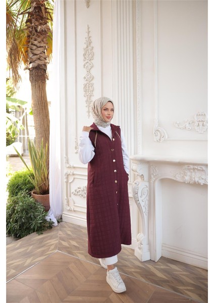 Kapşonlu Çıtçıtlı Kolsuz Cepli Uzun Kapitone Yelek - (38-46) - 71195 - Bordo fiyatları