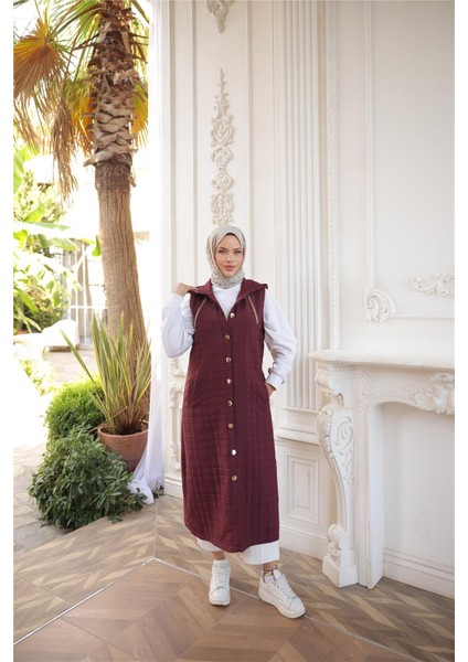 Kapşonlu Çıtçıtlı Kolsuz Cepli Uzun Kapitone Yelek - (38-46) - 71195 - Bordo modelleri