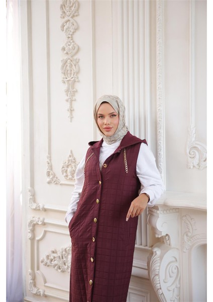 Kapşonlu Çıtçıtlı Kolsuz Cepli Uzun Kapitone Yelek - (38-46) - 71195 - Bordo fırsatları