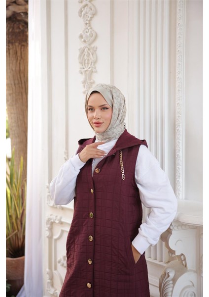 Kapşonlu Çıtçıtlı Kolsuz Cepli Uzun Kapitone Yelek - (38-46) - 71195 - Bordo indirimleri