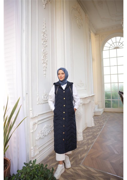 Kapşonlu Çıtçıtlı Kolsuz Cepli Kapitone Uzun Yelek - (38-46) - 71310 - Lacivert