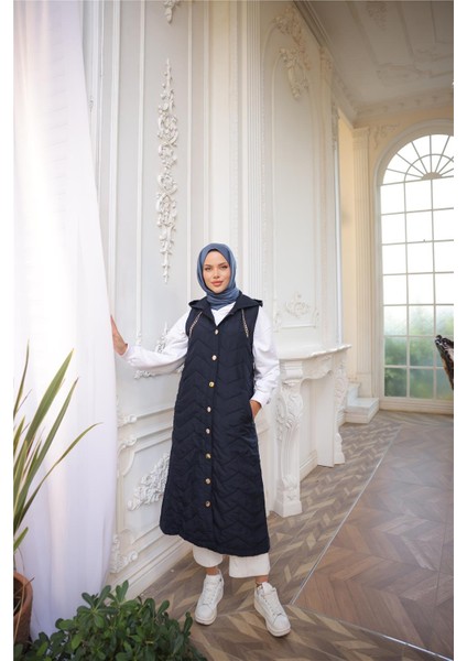 Kapşonlu Çıtçıtlı Kolsuz Cepli Kapitone Uzun Yelek - (38-46) - 71310 - Lacivert fiyatları