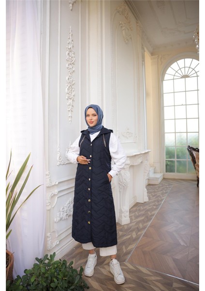 Kapşonlu Çıtçıtlı Kolsuz Cepli Kapitone Uzun Yelek - (38-46) - 71310 - Lacivert modelleri