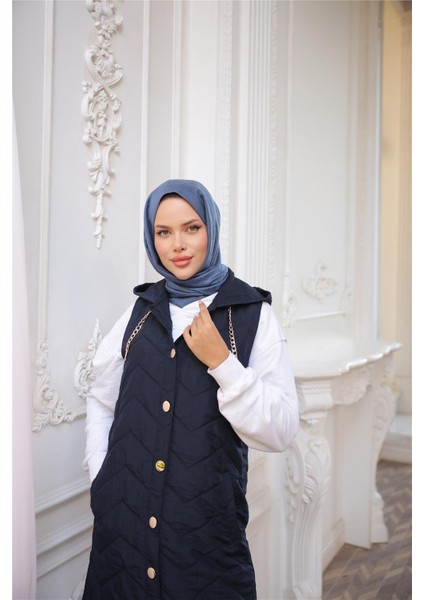 Kapşonlu Çıtçıtlı Kolsuz Cepli Kapitone Uzun Yelek - (38-46) - 71310 - Lacivert fırsatları