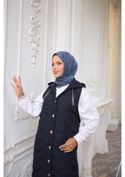 Kapşonlu Çıtçıtlı Kolsuz Cepli Kapitone Uzun Yelek - (38-46) - 71310 - Lacivert indirimleri