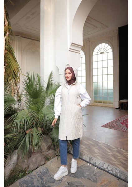 Kapşonlu Fermuarlı Cepli Kolsuz Cepli Kapitone Yelek - (38-46) - 71307 - Bej fiyatları