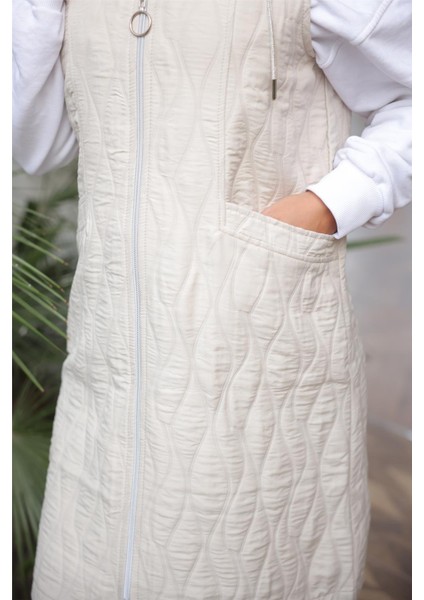 Kapşonlu Fermuarlı Cepli Kolsuz Cepli Kapitone Yelek - (38-46) - 71307 - Bej modelleri