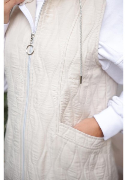 Kapşonlu Fermuarlı Cepli Kolsuz Cepli Kapitone Yelek - (38-46) - 71307 - Bej fırsatları