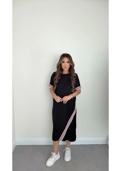 Kadın Kol ve Etek Şerit Detaylı Midi Boy Elbise