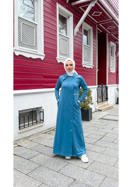 Yakalı Cepli Yandan Düğmeli Pamuklu Uzun Ferace - (38-46) - 71176 - Petrol