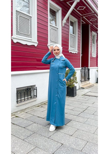 Yakalı Cepli Yandan Düğmeli Pamuklu Uzun Ferace - (38-46) - 71176 - Petrol modelleri