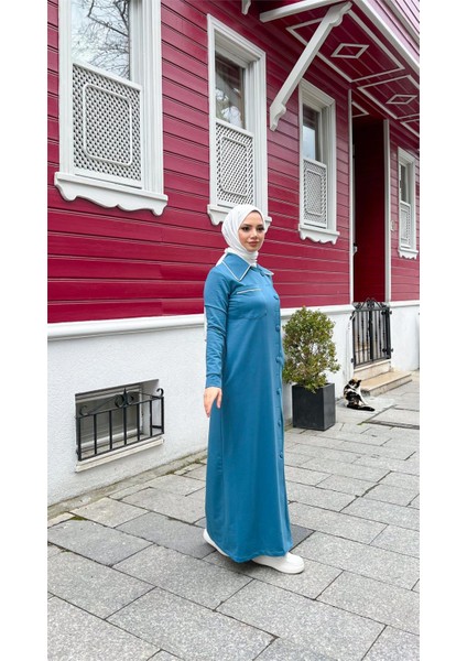 Yakalı Cepli Yandan Düğmeli Pamuklu Uzun Ferace - (38-46) - 71176 - Petrol indirimleri