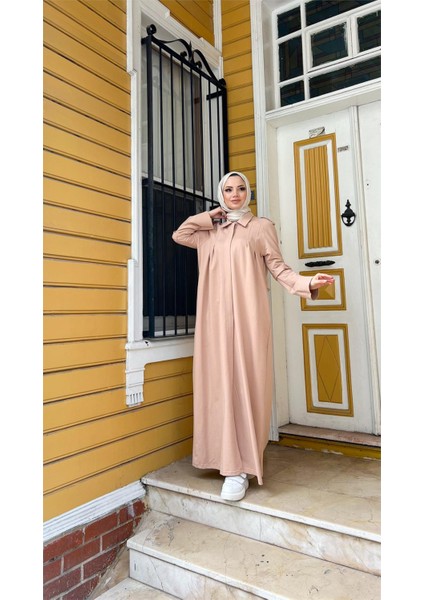 Yakalı Dirsek Kemer Detaylı Pamuklu Uzun Ferace - (38-46) - 71170 - Bej fırsatları