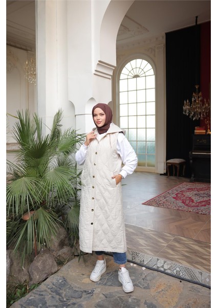 Kapşonlu Çıtçıtlı Kolsuz Cepli Uzun Kapitone Yelek - (38-46) - 71306 - Bej