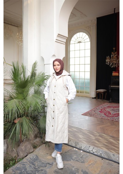 Kapşonlu Çıtçıtlı Kolsuz Cepli Uzun Kapitone Yelek - (38-46) - 71306 - Bej fiyatları