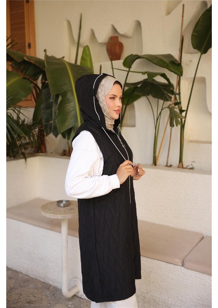 Kapşonlu Fermuarlı Cepli Kolsuz Cepli Kapitone Yelek - (38-46) - 71307 - Siyah fırsatları