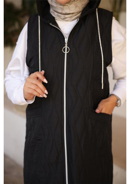 Kapşonlu Fermuarlı Cepli Kolsuz Cepli Kapitone Yelek - (38-46) - 71307 - Siyah indirimleri