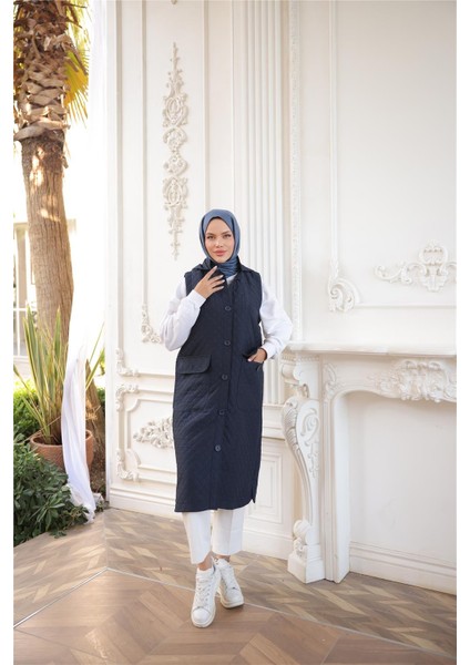 Kapşonlu Düğmeli Kolsuz Cepli Kapitone Uzun Yelek - (38-46) - 71308 - Lacivert