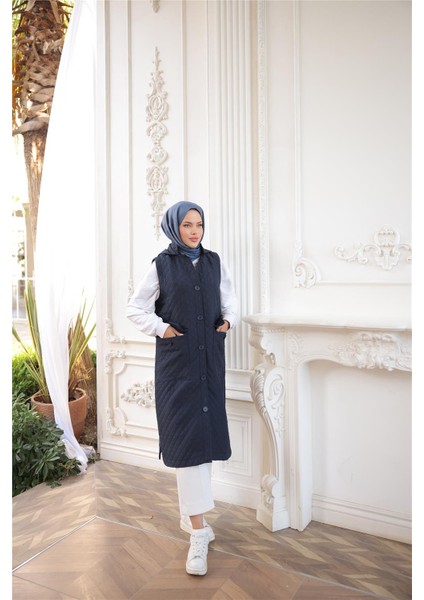 Kapşonlu Düğmeli Kolsuz Cepli Kapitone Uzun Yelek - (38-46) - 71308 - Lacivert fiyatları