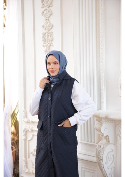 Kapşonlu Düğmeli Kolsuz Cepli Kapitone Uzun Yelek - (38-46) - 71308 - Lacivert modelleri