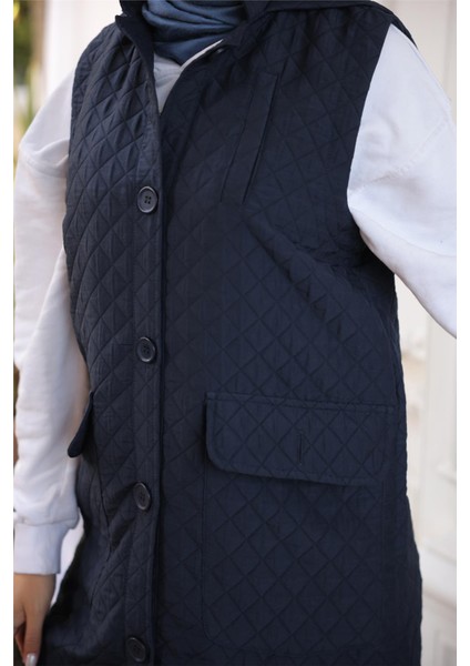 Kapşonlu Düğmeli Kolsuz Cepli Kapitone Uzun Yelek - (38-46) - 71308 - Lacivert indirimleri