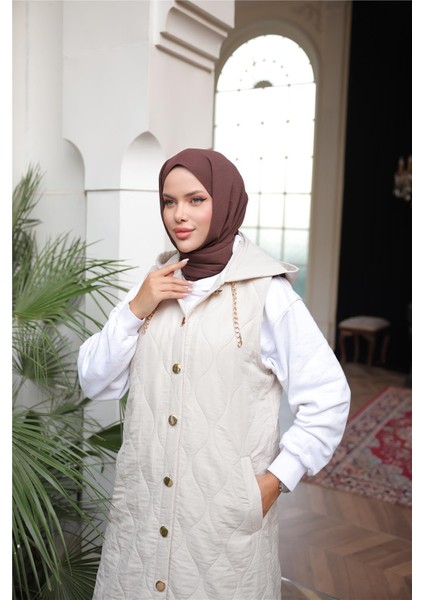 Kapşonlu Çıtçıtlı Kolsuz Cepli Uzun Kapitone Yelek - (38-46) - 71306 - Bej indirimleri