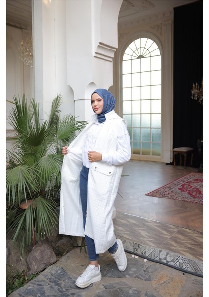 Kapşonlu Fermuarlı Cepli Kolsuz Önden Cepli Kapitone Uzun Yelek - (38-46) - 71309 - Krem