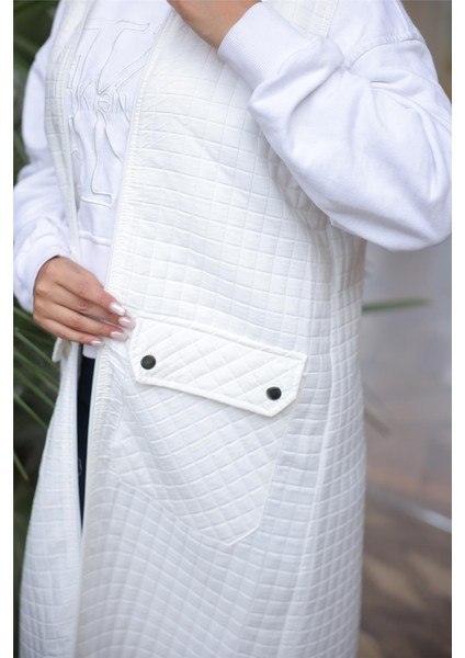 Kapşonlu Fermuarlı Cepli Kolsuz Önden Cepli Kapitone Uzun Yelek - (38-46) - 71309 - Krem modelleri