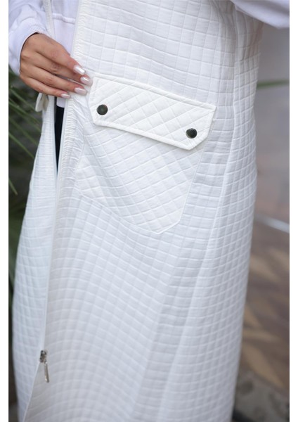 Kapşonlu Fermuarlı Cepli Kolsuz Önden Cepli Kapitone Uzun Yelek - (38-46) - 71309 - Krem fırsatları