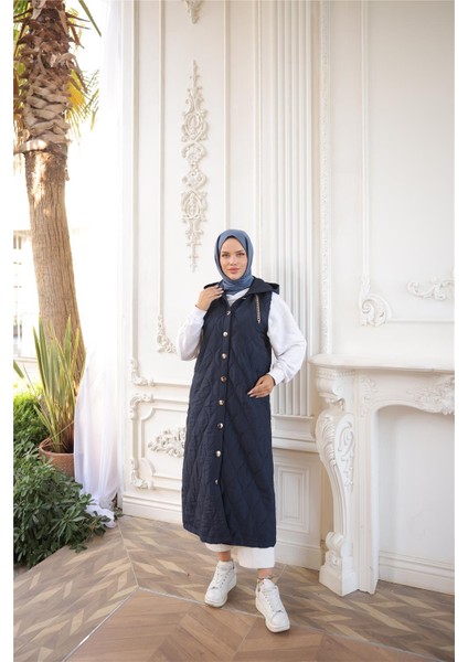 Kapşonlu Çıtçıtlı Kolsuz Cepli Uzun Kapitone Yelek - (38-46) - 71306 - Lacivert