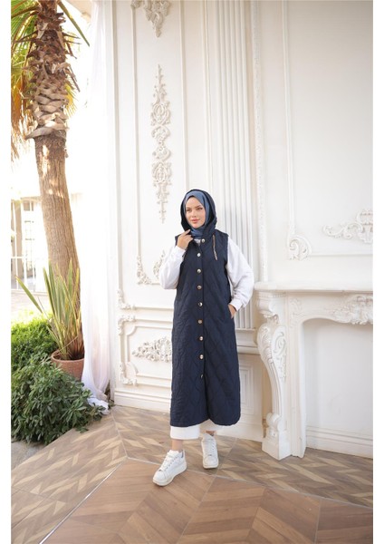 Kapşonlu Çıtçıtlı Kolsuz Cepli Uzun Kapitone Yelek - (38-46) - 71306 - Lacivert fiyatları