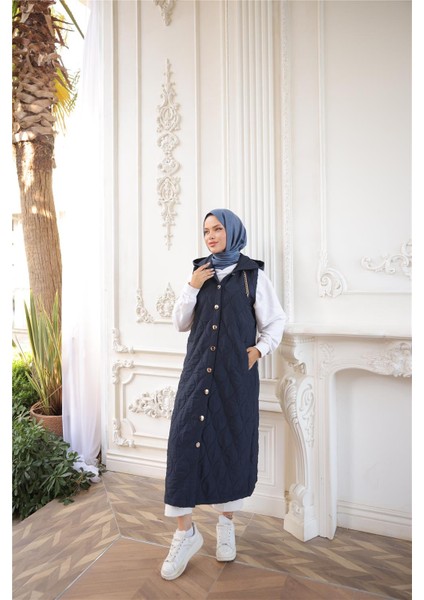 Kapşonlu Çıtçıtlı Kolsuz Cepli Uzun Kapitone Yelek - (38-46) - 71306 - Lacivert modelleri