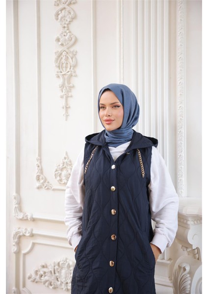 Kapşonlu Çıtçıtlı Kolsuz Cepli Uzun Kapitone Yelek - (38-46) - 71306 - Lacivert fırsatları