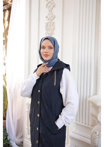 Kapşonlu Çıtçıtlı Kolsuz Cepli Uzun Kapitone Yelek - (38-46) - 71306 - Lacivert indirimleri