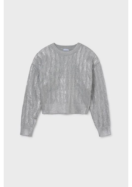 Kız Çocuk Simli Saç Örgüsü Desenli Triko Kazak - Gümüş