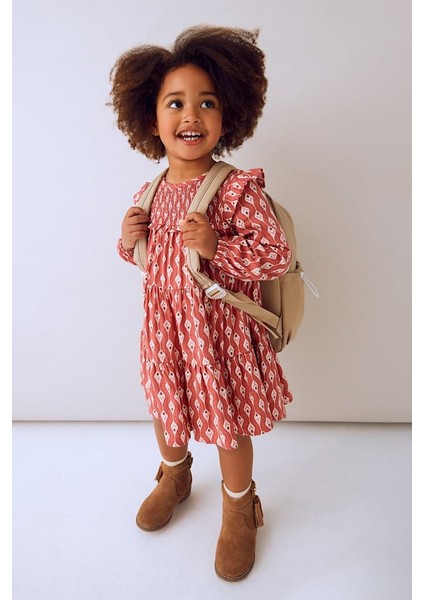 Kız Çocuk Göğsü Gipeli Fırfırlı Elbise - Kiremit fırsatları