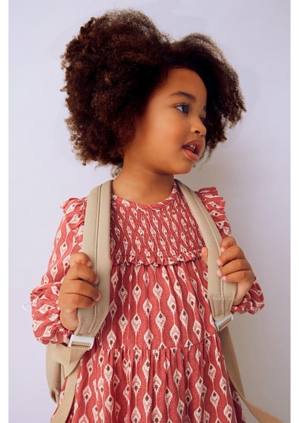 Kız Çocuk Göğsü Gipeli Fırfırlı Elbise - Kiremit